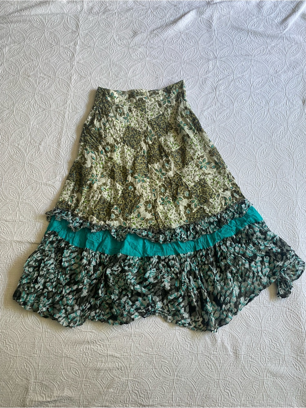 RAGA Green Floral Tiered A-Line Skirt with Teal Band